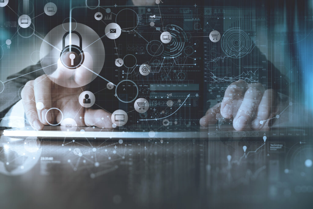 cyber security internet and networking concept.Businessman hand working with VR screen padlock icon on computer background Information protection and cyber security. Modern safety digital background